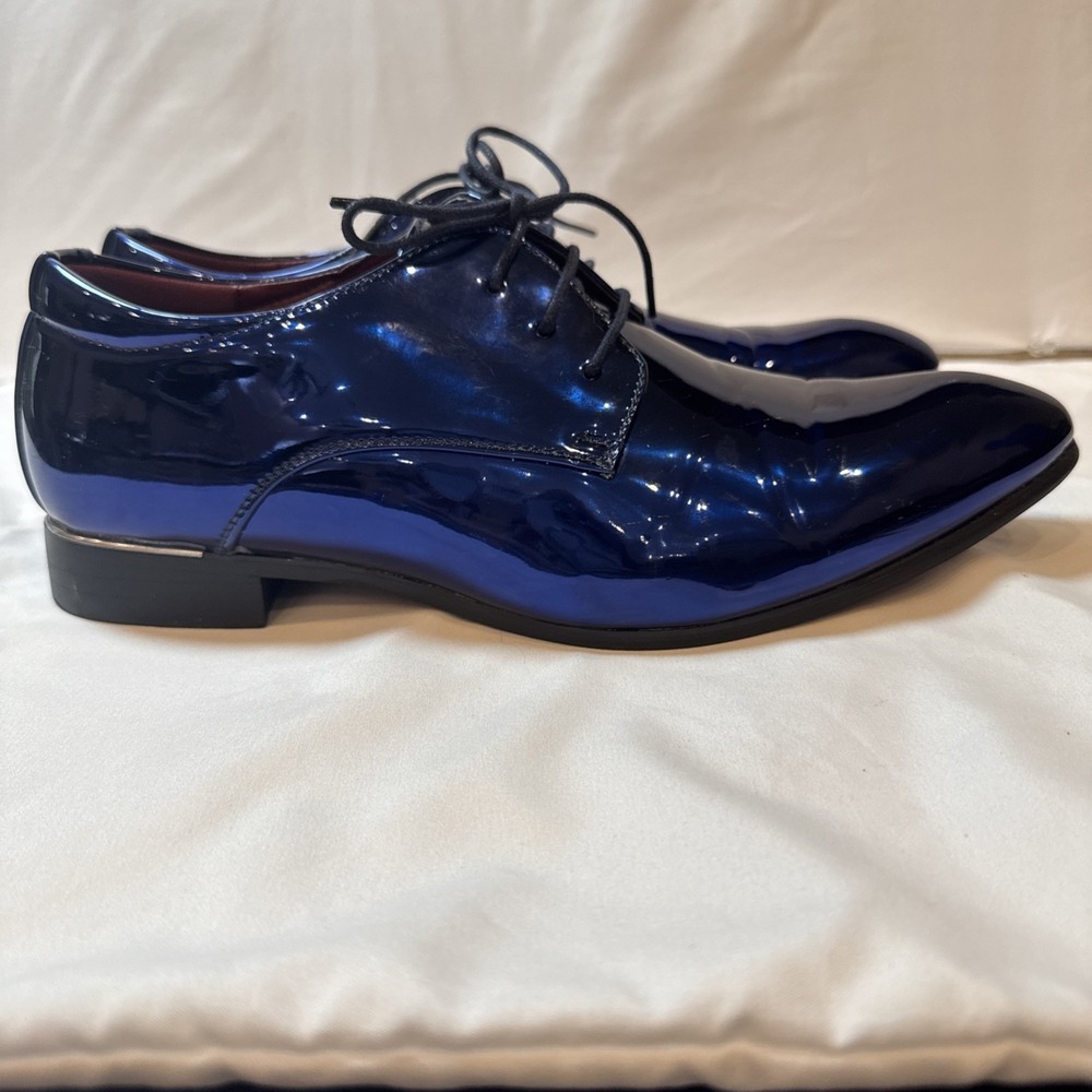 Men's Metallic Cobalt Blue Patent Leather Derby Dress Shoes EU46US12 Lace Up - Picture 4 of 16